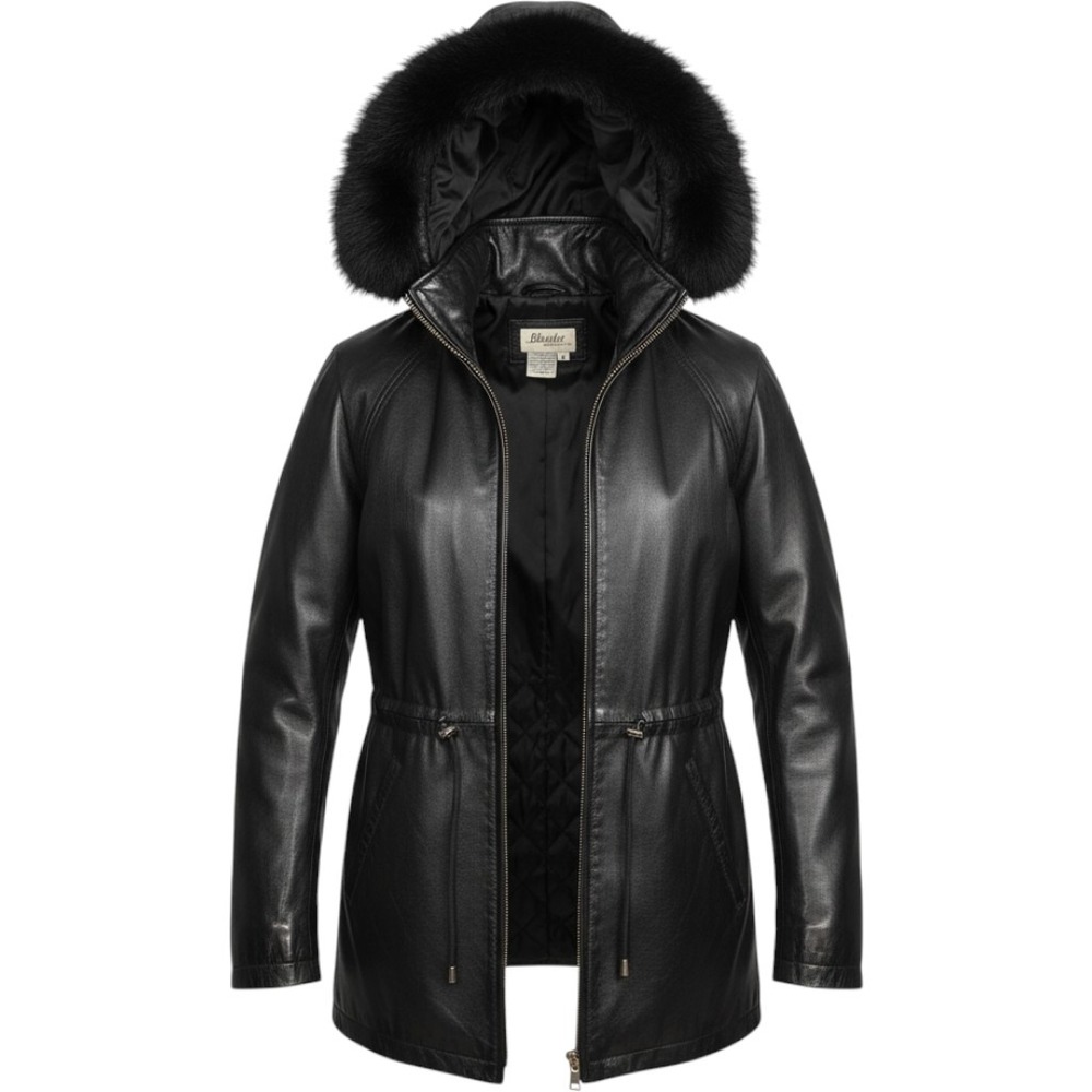 Vtg Blushe Genuine Leather Jacket Women M Black Fox Fur Trim Hood Y2K Glam 90's